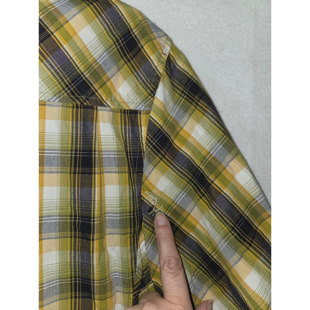 Prana Mens XL Short Sleeve Plaid Snap Front Shirt Yellow Green Organic Cotton - Picture 7 of 8